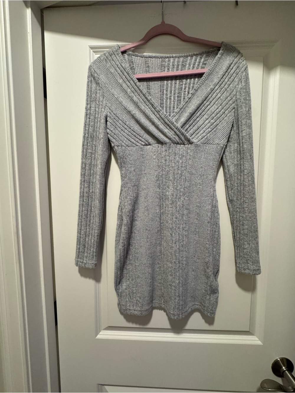 New Cozy Ribbed V-Neck Sweater Dress - Light Gray S